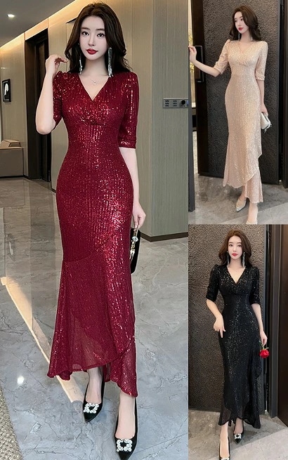 15日間のみ セールロングワンピース フリル 五分袖 きれいめ Vネック セクシー パーティードレス レディース【大きいサイズ レディース 春夏 結婚式 きれいめ タイト フォーマル 大人 チュニッ