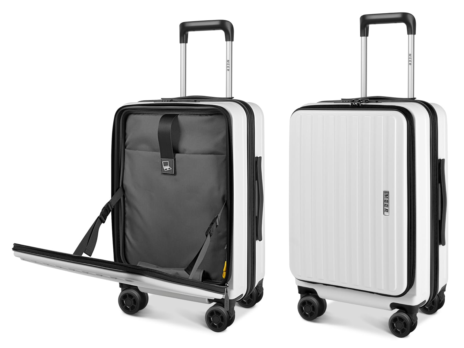 [meer] スーツケース フロントオープン 片開き 拡張機能付き キャリーケース Sサイズ USBポート カップホルダー 機内持ち込み 超軽量 ビジネス 出張 1-3泊 40リットル ブラック/ホワ