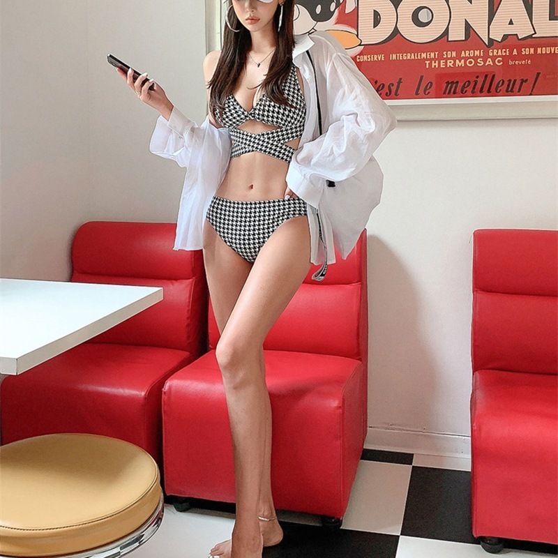 千鳥柄クロスビキニ レディース 水着 韓国風 セクシー水着 映える インスタ映え シンプル 可愛い