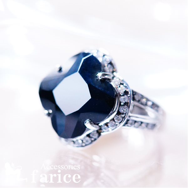 ブラックキュービックジルコニア スクエアークローバー(四つ葉)カット ラウンド＆サイド2ラインフレーム装飾 スターリングシルバージュエリーリング