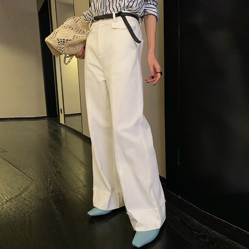 長いxier薄い白い綿のツールワイドレッグパンツ女性の夏の気質ハイエンドズボンオールマッチストレートパンツ