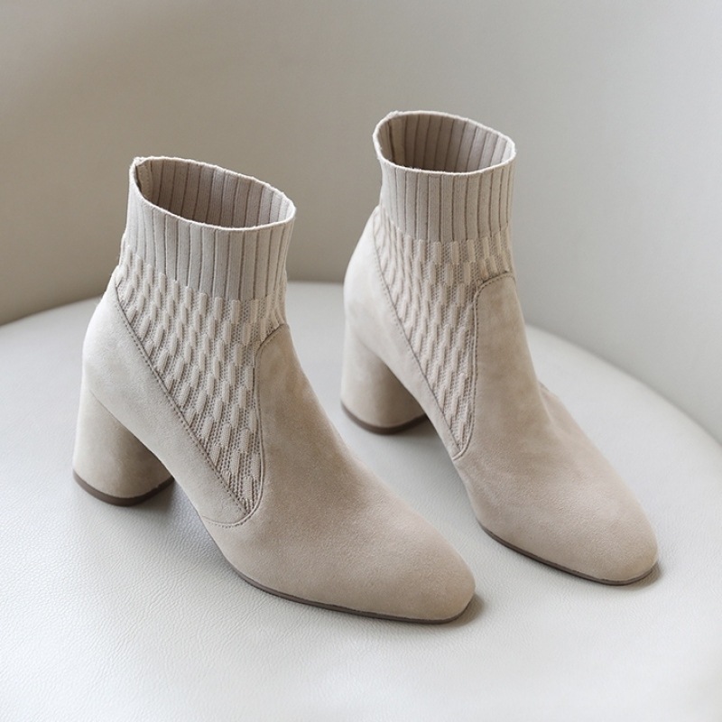 【早い者勝ちSALE】 カジュアル ファッション スエード ニット 切り替え チャンキーヒール ブーツ