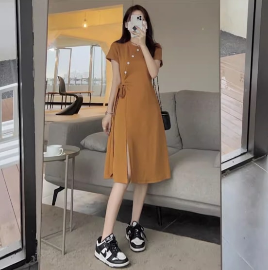 ワンピース レディース 膝丈 半袖 ラウンドネック 襟なし ワイド Aライン ウエストリボン スリット 大人可愛い きれいめ シンプル カジュアル 上品 おしゃれ こなれ感 ラフ 個性的 クール