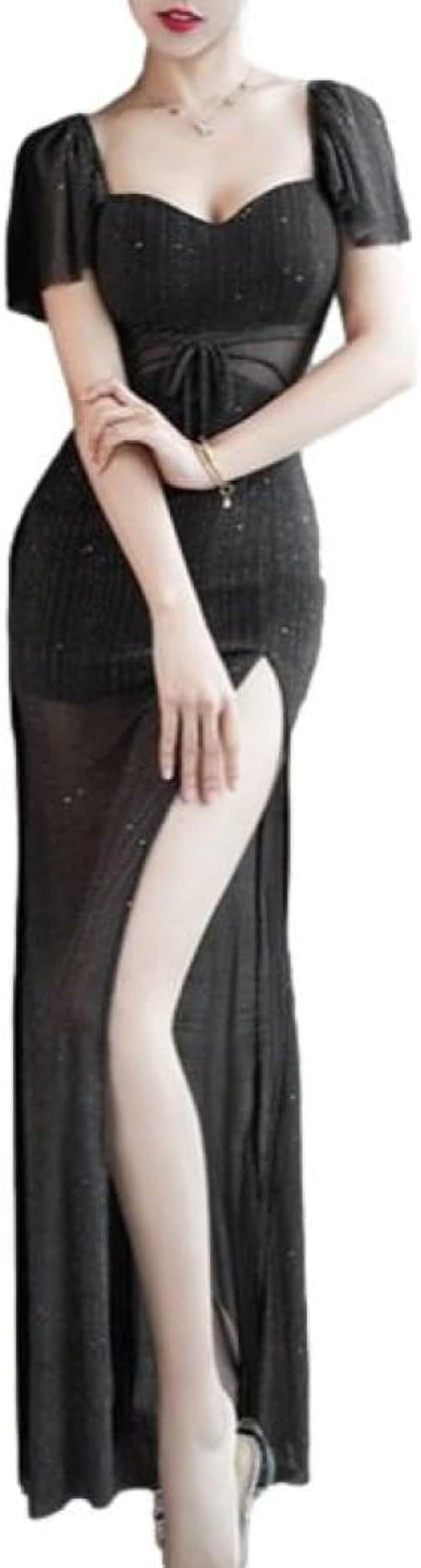 シースルー ワンピース ディープ スリット タイト ロング イブニングドレス 半袖 マキシ レディース EB4( ダークブラウン, M)