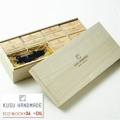 クスハンドメイド(KUSU HANDMADE)　エコブロック36個+オイル30ml桐箱入[100％天然成分 虫除け　防虫　防虫剤　防臭　芳香 天然木
