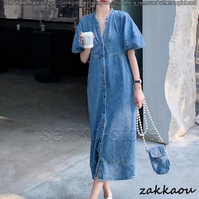 ワンピース レディース ロング 半袖 ロングワンピース 夏 デニムワンピース 羽織り ボタン Vネック ドルマンスリーブ ポケット付き 夏デニム I型 40代 アジアン