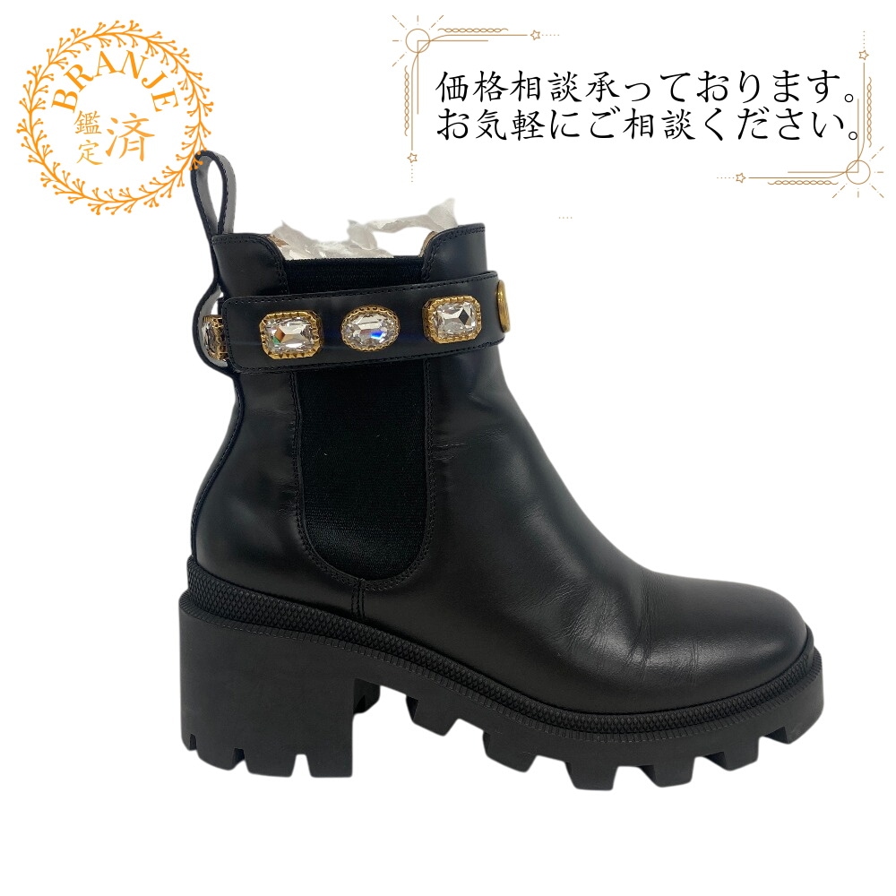 550036 サイドゴアブーツ GGマーモント ベルクロストラップ ビジュー レザー ブーツ ブラック 24 ブランド