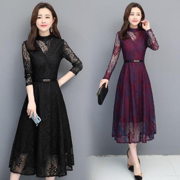 ワンピース レデース 秋 ドレス ロング丈 結婚式ワンピース 長袖 総レース Aライン 着やせ フォーマル 上品 大人 おしゃれ 二次会 お呼ばれ パーテー
