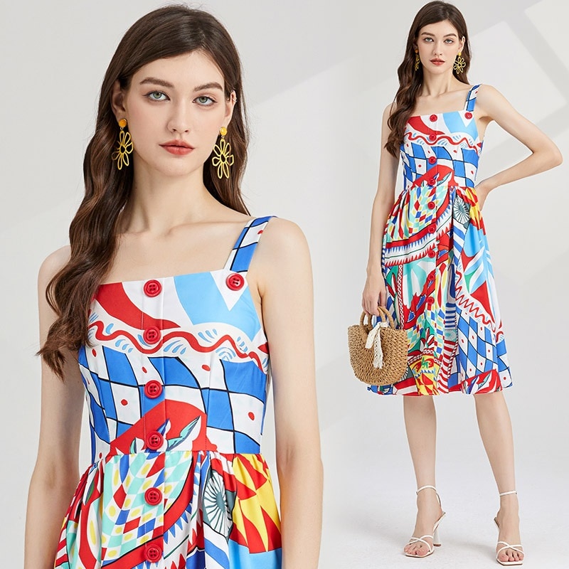 パーティードレス キャミワンピース 気質ショーモデル宮廷定位プリントストラップAラインワンピース