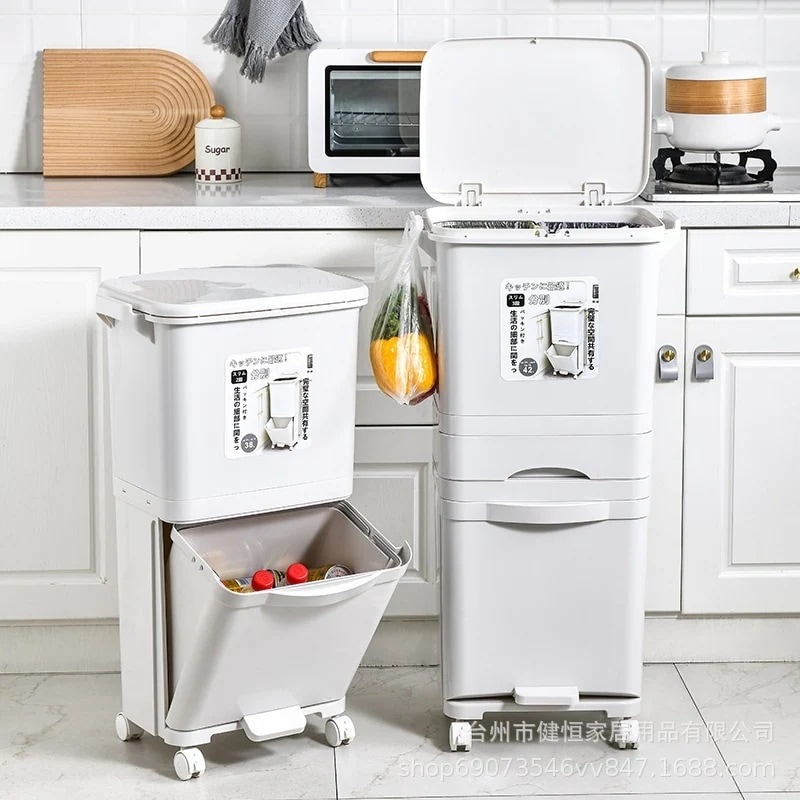 家庭用キッチンゴミ箱高見えクリエイティブ大容量三層プレスフィット乾湿両用分別生ゴミ箱蓋付き