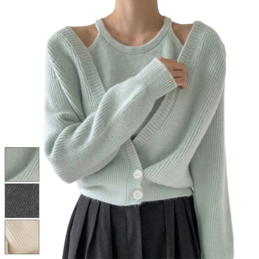 ニットトップス レディース 2点セット ニットカーディガン ニットキャミソール 肌見せ 無地 ボタン おしゃれ きれいめ 大人 フェミニン 99GLT-002