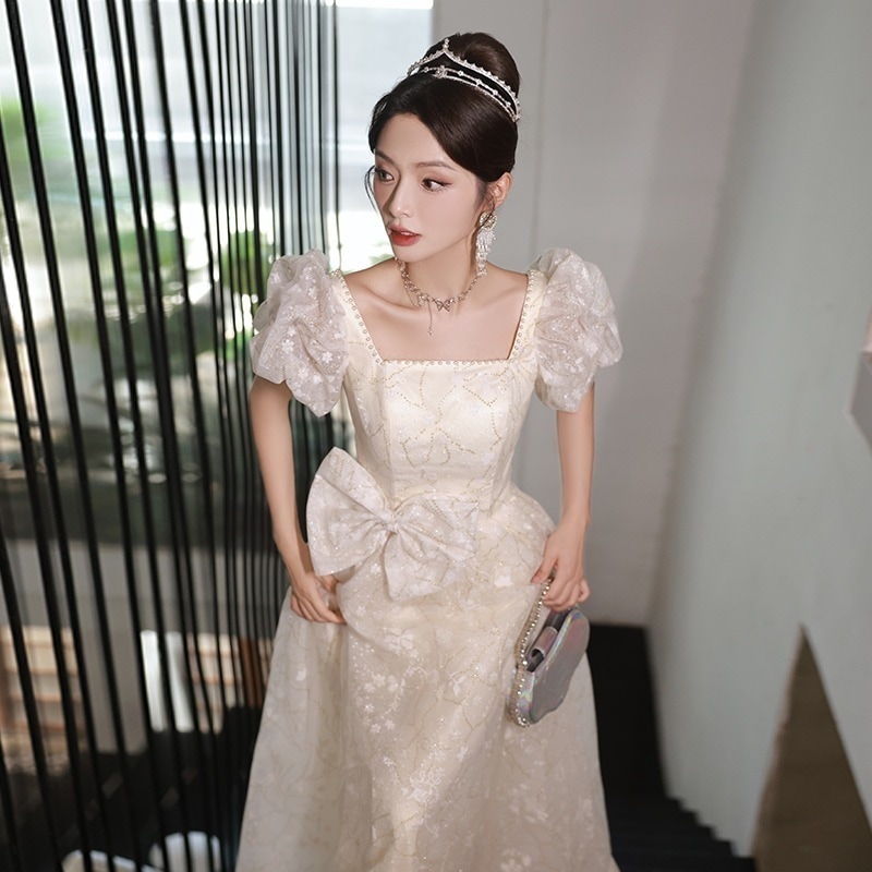 イブニングドレス 2025 新シャンパンカラー逃亡王女弓宴会ライトロングアートテストドレス