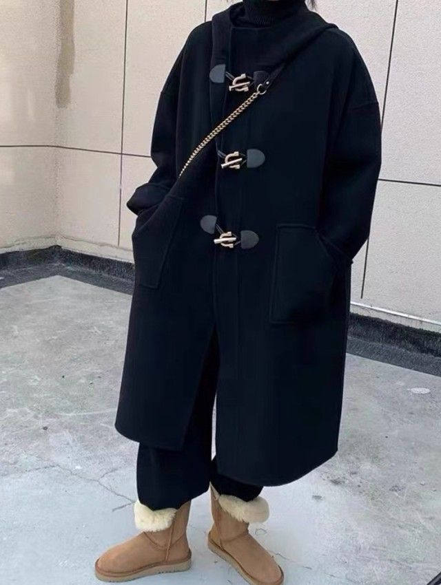 ダッフルコート レディース アウター ロング フード付きコート ロングコート フード シンプル 秋冬 黒 ゆったり オーバーサイズ カジュアル おしゃれ 学生 お出かけ 10代 20代 30代 40代