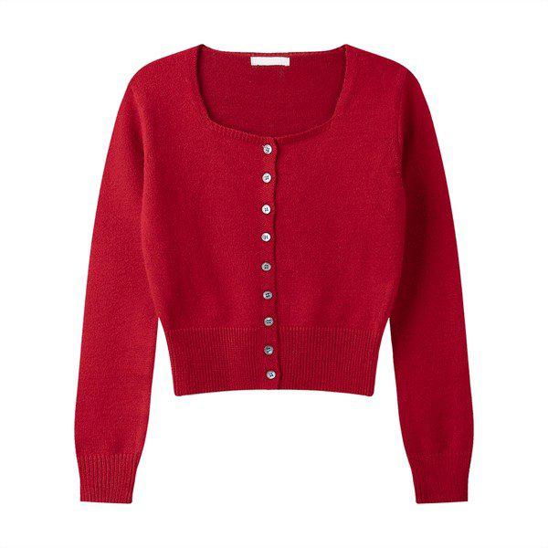 女性ロージー無地UネックモーダルウォッシャブルニットカーディガンSGW CA Q044 レッド_P373804089