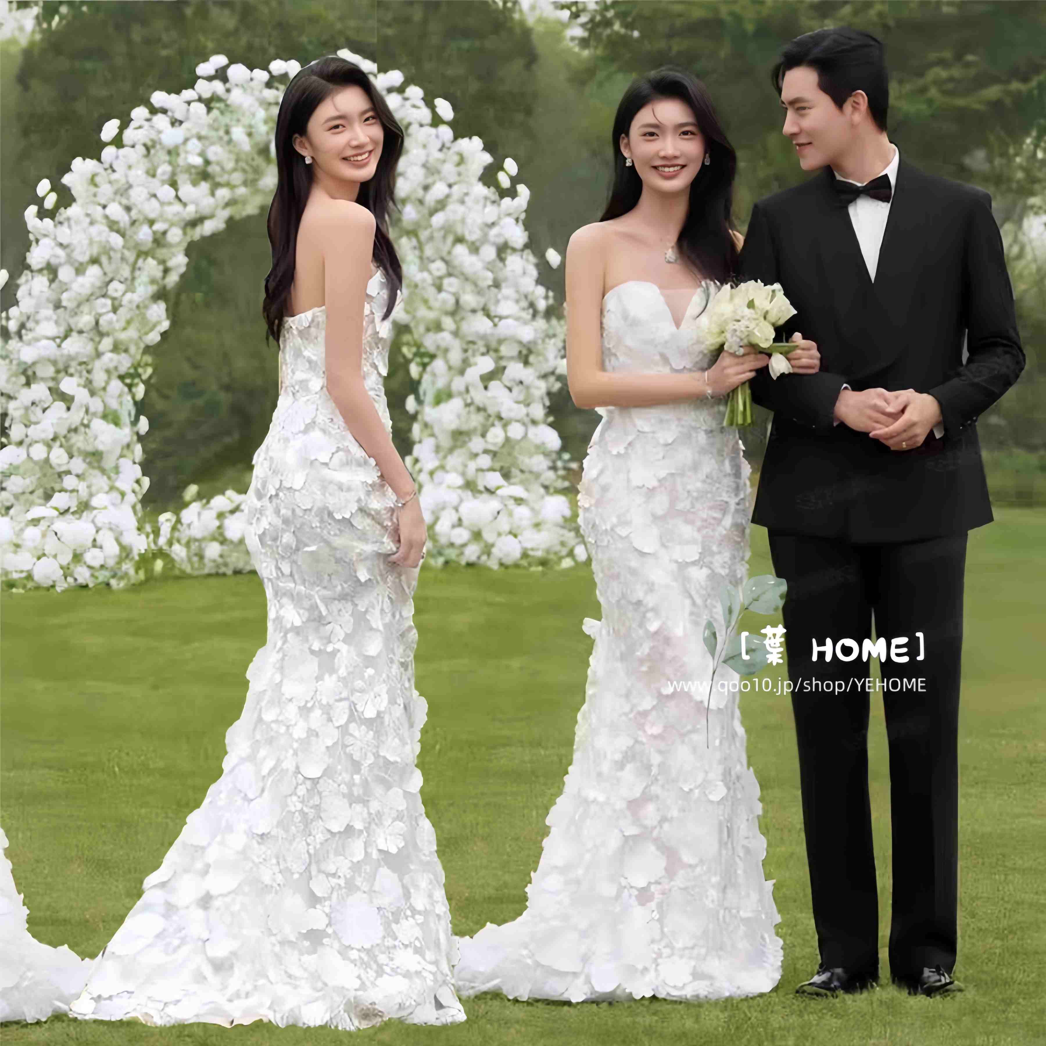 [葉 HOME] ウェディングドレス パーティードレス 花嫁ロングドレス 結婚式 二次会 エレガント お呼ばれ 挙式 簡約 姫系 発表会 チュールVネック+レース刺繡+Sラインスカート