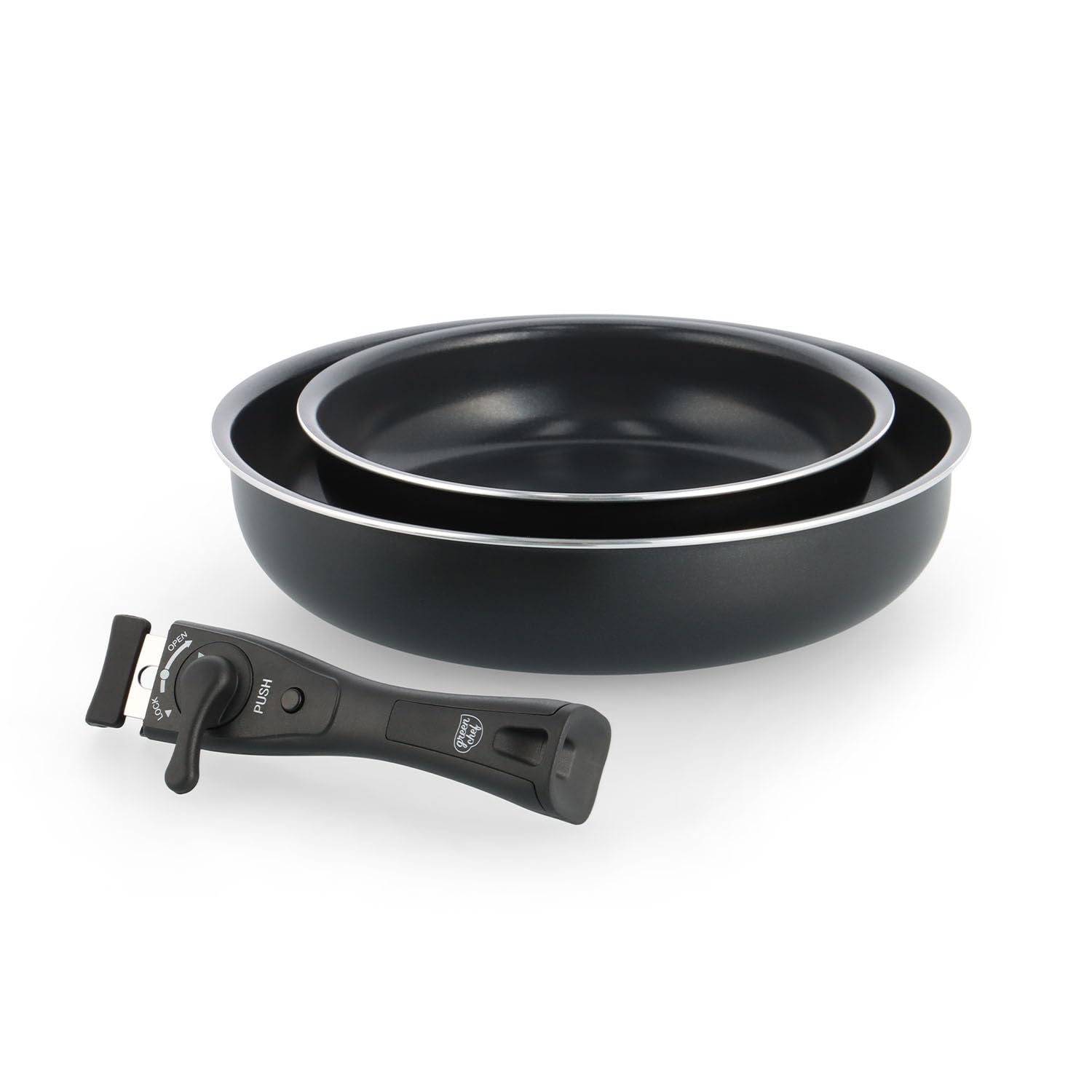 グリーンシェフ フライパン 3点セット ガス火専用 取っ手がとれる 【イージースタック】 セラミックコーティング PFASフリー 有害物質・フッ素不使用 軽量 重ねて収納 ブラック CC010621