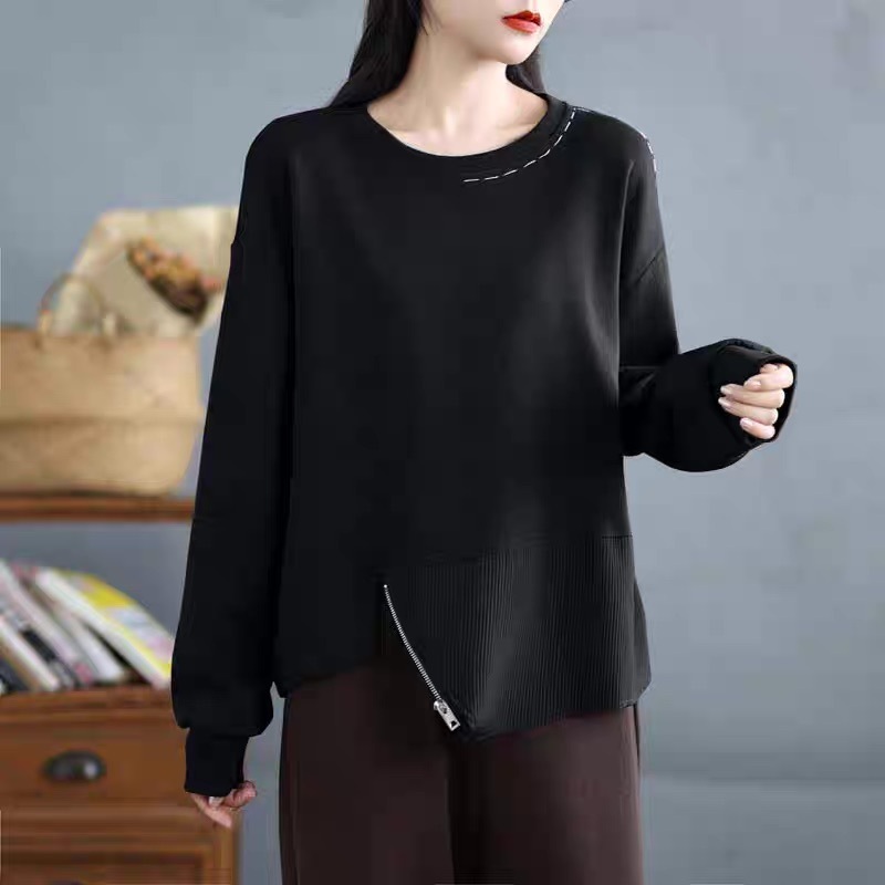 レディース トップス プルオーバー トレーナー 長袖 Uネック ラウンドネック アシンメトリー オーバーサイズ ファスナー ジッパー かわいい 大人可愛い カジュアル おしゃれ かっこいい こなれ感