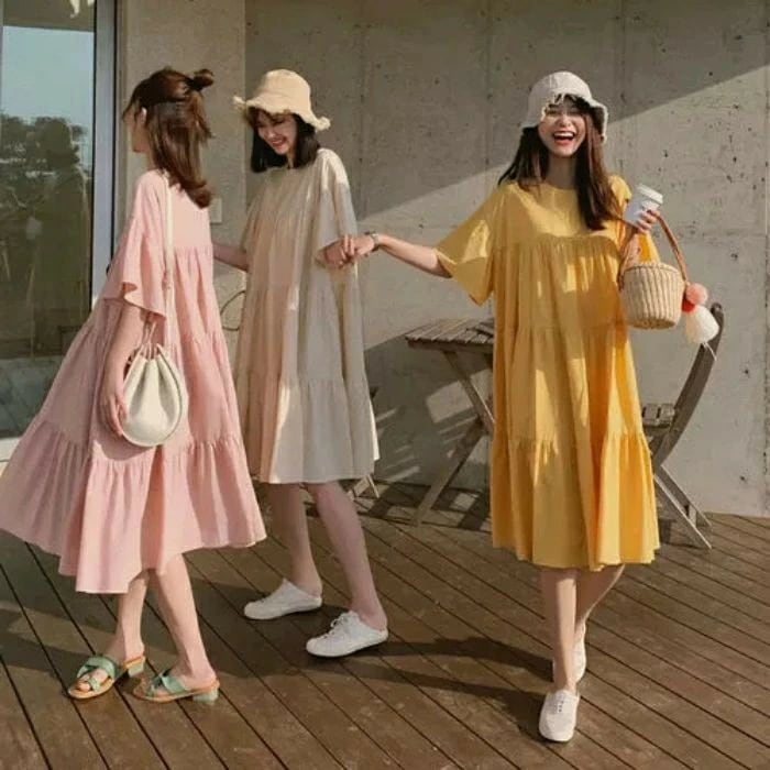 半袖 体型カバー シンプル ミモレ丈 ひざ丈 袖あり 50代 カジュアル ワンピース レディース ティアード ピンク ベージュ 夏 フェミニン チュニック 20代 ドレス 五分袖 い イエロー