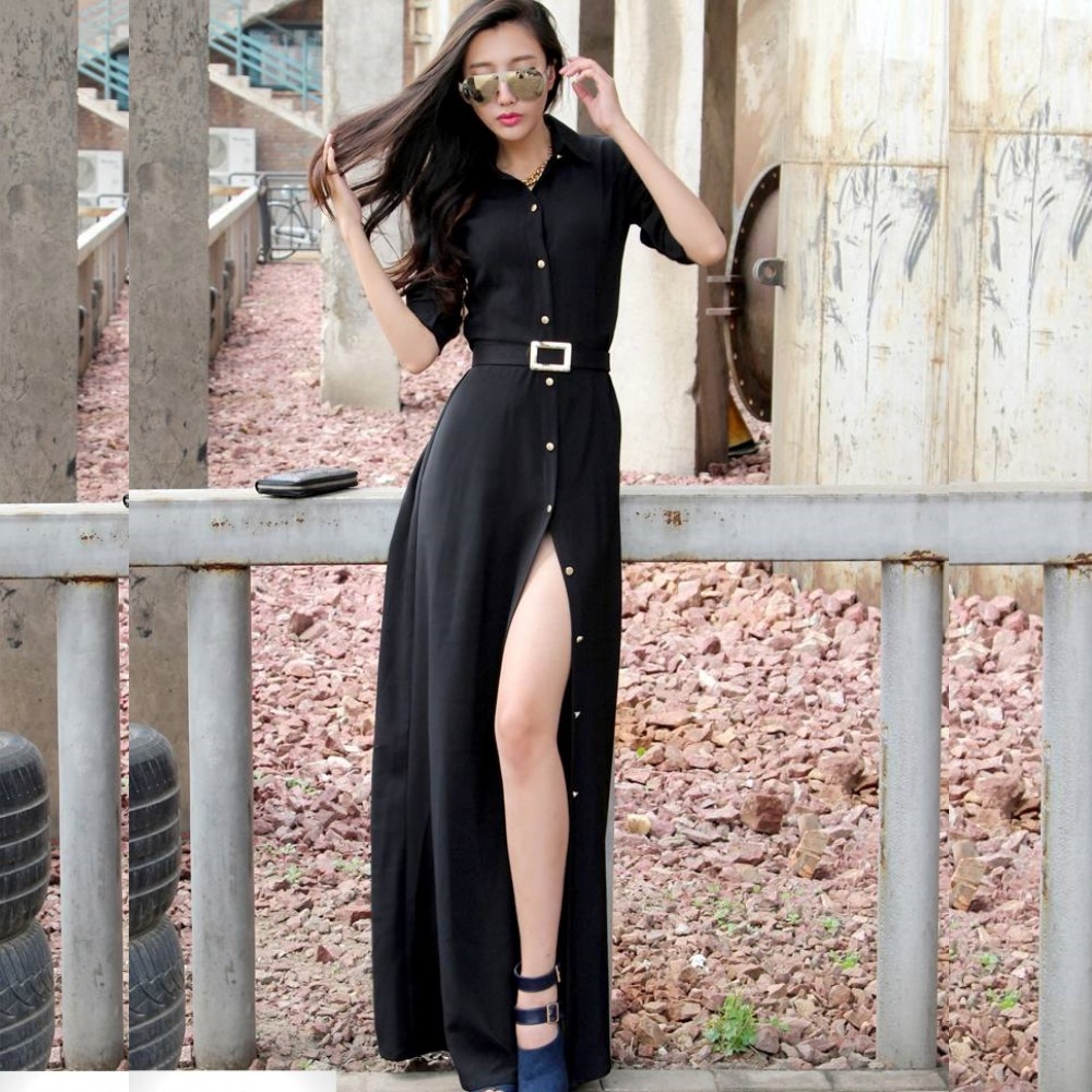 ワンピース シャツワンピース ロング ロング丈 マキシ マキシ丈 9分丈 袖あり 長袖 Vネック 襟付き スタンダードカラー セミフレア スリム 細身 Iライン ベルト ウエストマーク