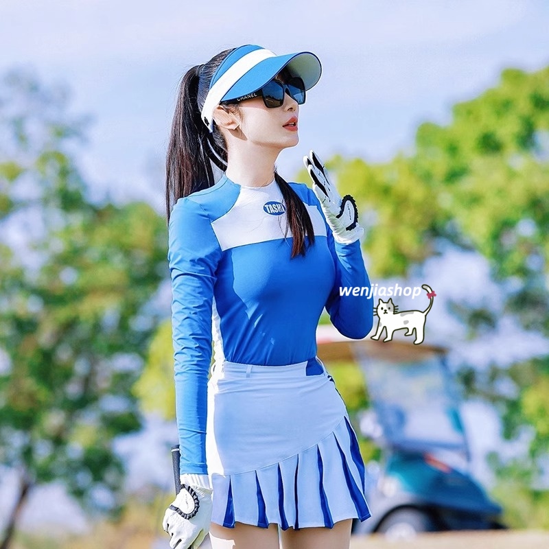 ゴルフウェア 2025 春夏 上下セット 長袖 Tシャツ プリーツスカ ミニスカート 日焼け止め 速乾 通気 痩せる レディース 韓国風 ゴルフスカート スポーツ テニスウェア 白 ブルー