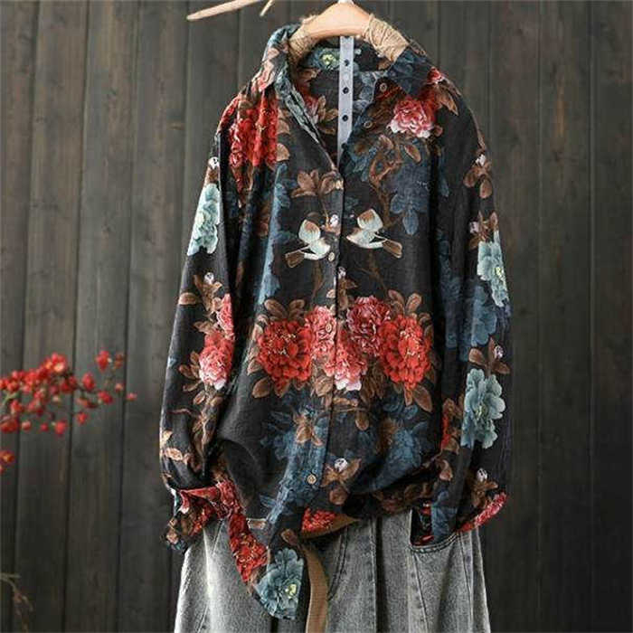 シャツ ブラウス レディース シャツブラウス 長袖 プリント 花柄 トップス 前開き 綿麻 コットン リネン ボタン シンプル 折り襟 エレガント カジュアル 大きいサイズ 長袖シャツ 通勤 OL お