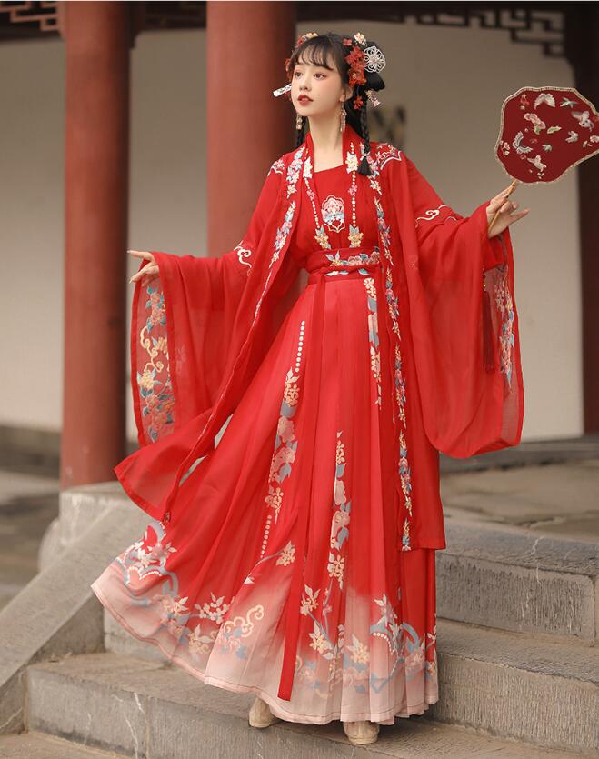 漢服 唐装 中華コスプレ衣装 レディース チャイナ風 古代 時代 花嫁衣裳 中華服 時代劇 コスチューム 華やか 中華衣裳 華流 舞台衣裳 ステージ衣装 豪華セット 振り袖 羽織付き 花刺繍 唐宋 皇