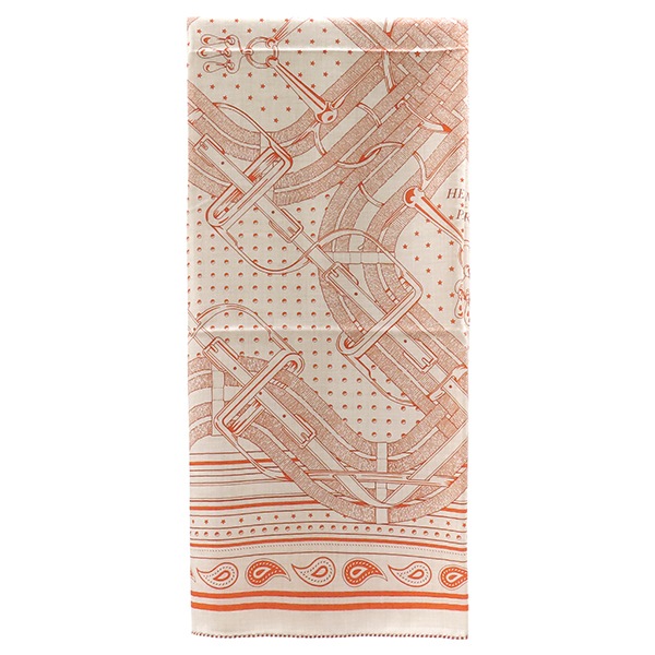 エルメス ストール カレ140 カレジェアン カシミヤ シルク オレンジ×ナチュラル×ルージュ 新品 未使用 【Mors a Jouets Bandana/馬銜 バンダナ】 【箱】【中古】