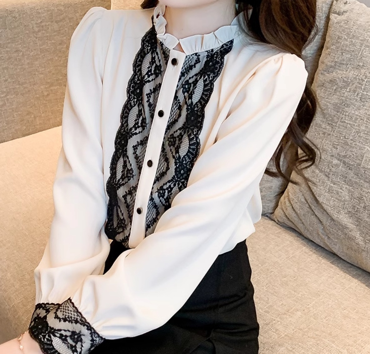 トップス ブラウス カットソー レディース 長袖 ハイネック スリム 細身 ストレート フェミニン レース 前開き 2way 薄手 かわいい 大人可愛い きれいめ シンプル カジュアル 上品 おしゃれ