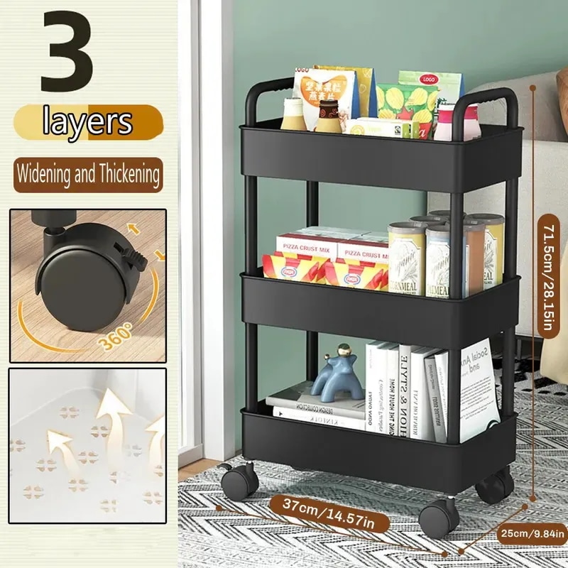 Mobile Storage Rack Trolley Kitchen Bathroom Bedroom Multi Storey Snacks Storage Rack with Whe black