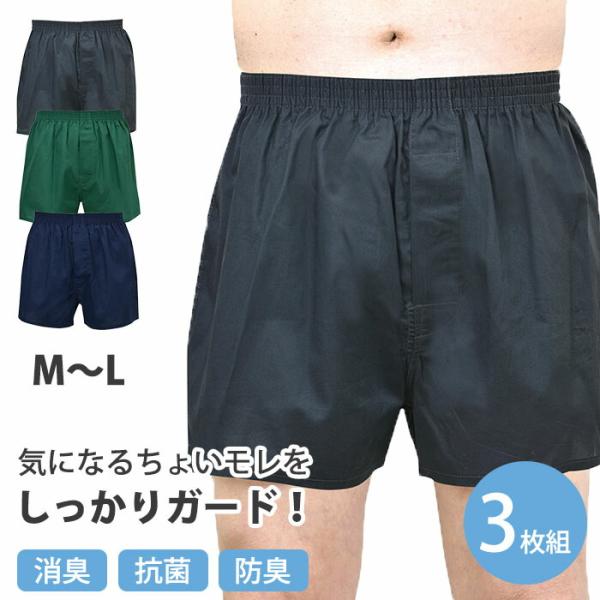 軽失禁パンツ 尿もれパンツ トランクス 3枚組 男性用 メンズ 吸水パッド M-LL ロングガード・トランクス３色組