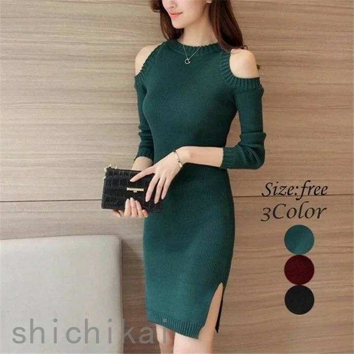 ミディアム丈 長袖 トップス 肩あき 無地 OL 肩出し ミニ ホワイトデー セクシー ワンピース THOM 大人可愛い2023新作 WILLS リップニット ニットワンピース ワンピース