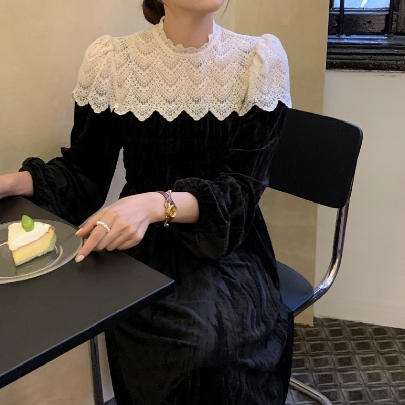 レースカラー ベルベットワンピース レース切り替えワンピース 異素材 ワンピース ドレス ベルベット エレガント レディース デート お出掛け オフィス a3900