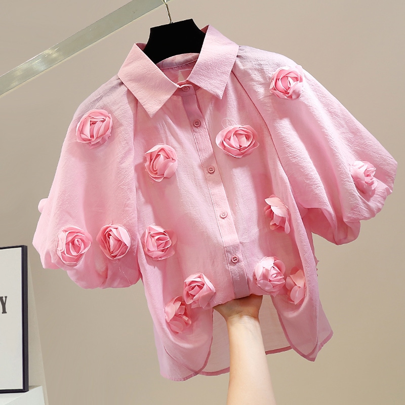 立体フラワー シアーシャツ 半袖 シャツ ブラウス ランタンスリーブ レディース ママコーデ お仕事コーデ オフィス 春 夏 秋 C96