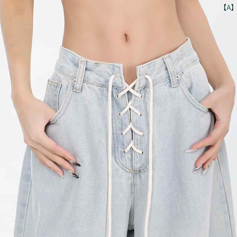 レディース デニムパンツ ワイド ロング ストリート KPOP ダンス トレーニング 夏 ブルー ウォッシュ ストレート ジーンズ クロス タイ スリミング