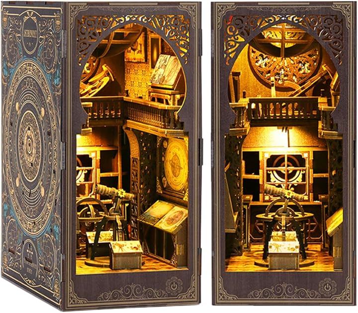 ブックヌック キット ドールハウス ミニチュア LEDライト付き 立体パズル 木製 ウッドパズル 本棚 DIY 手作り (天文博物館)