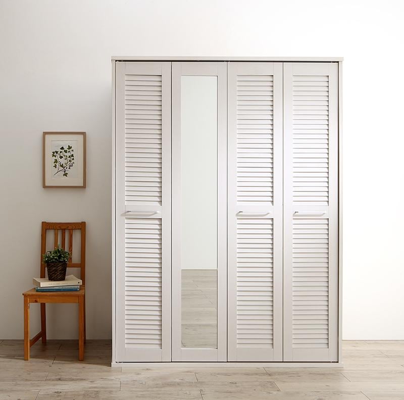 ワードローブ 幅120 ミラー付き ルーバー 折れ戸式 収納家具 衣類収納 洋服ダンス 姿見鏡