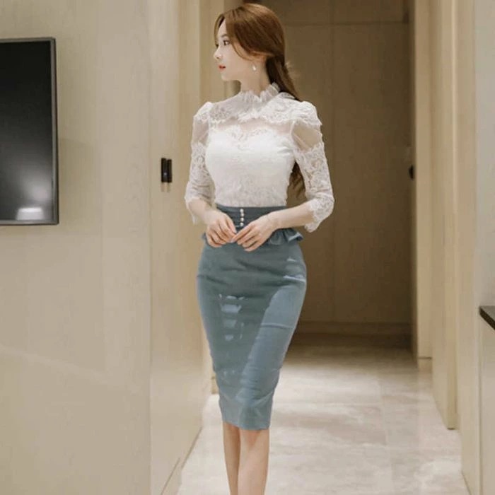 セットアップ パーティードレス 韓国 キャバ ドレス 個性的 プチプラ ホワイト レース ハイネック フリル ペプラム 透け感 クラシカル 上品 おしゃれ セパレート 美シルエット スタイルアップ フ 5,586円