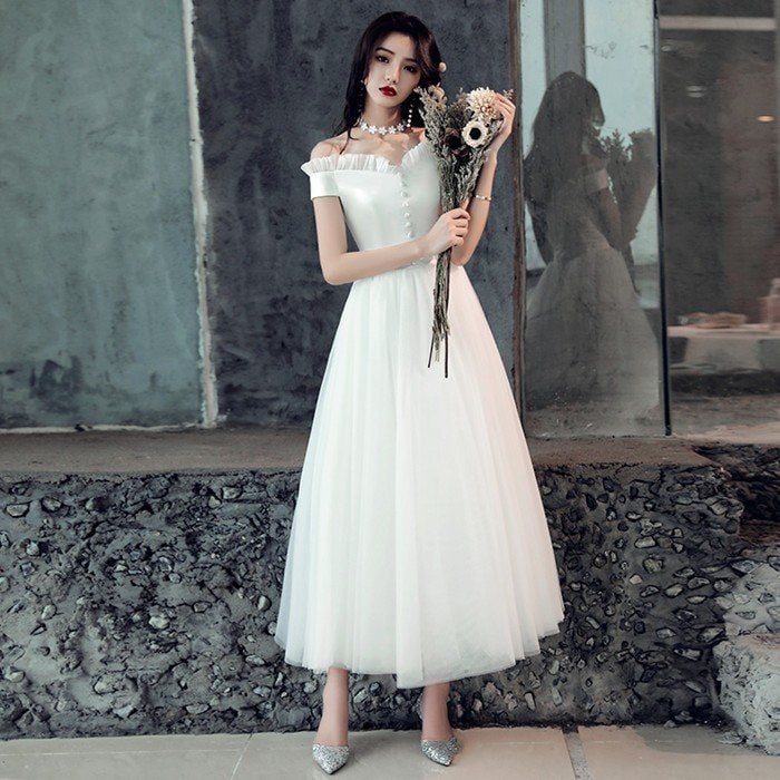 ミニドレスミモレ丈ドレスウェディグドレス二次会花嫁パーティドレス結婚式白ワンピース