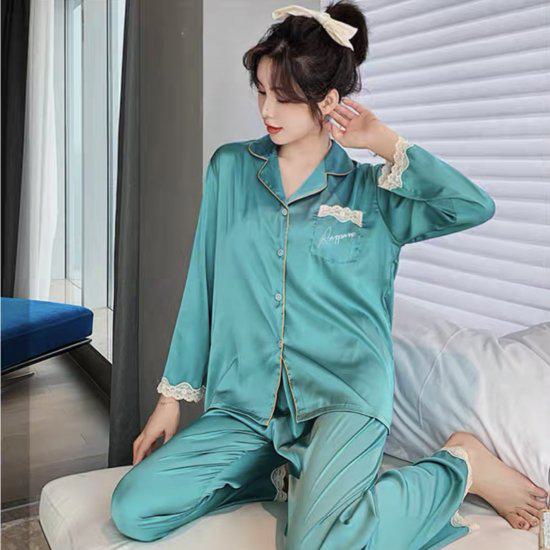 パジャマ レディース 春 秋冬 ルームウェア 上下セット セットアップ 2点セット 前開き 部屋着 寝間着 長袖 長ズボン レース 女の子 かわいい フェミニン お泊り リラックス Vネック サテン