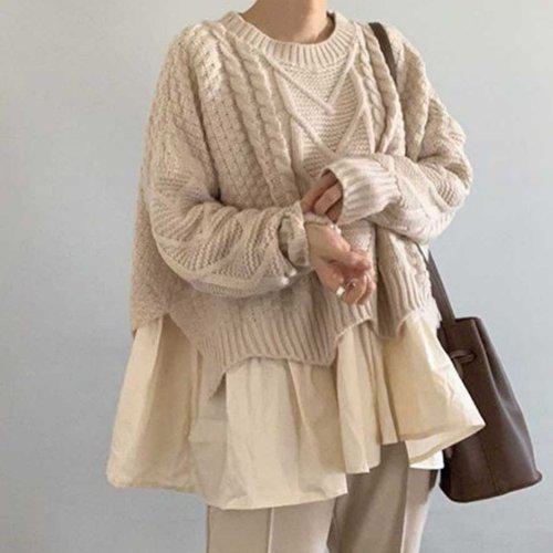 ニット レディース レイヤード ケーブルニット トップス ケーブル編みニット セーター 楽ちん オーバーサイズ ビッグシルエット 秋冬新作 重ね着 フレア トップス 体型カバー 秋冬 大人 おしゃれ