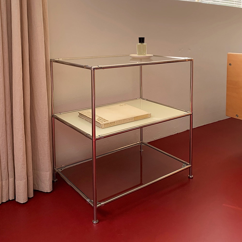 ステンレスモジュール家具3段棚 水平調節可能な足付き 韓国インテリア ガラスカラー 選択可能 ホワイト アイボリー ブラック オープン ラック シェルフ サイドテーブル 41x61x67cm