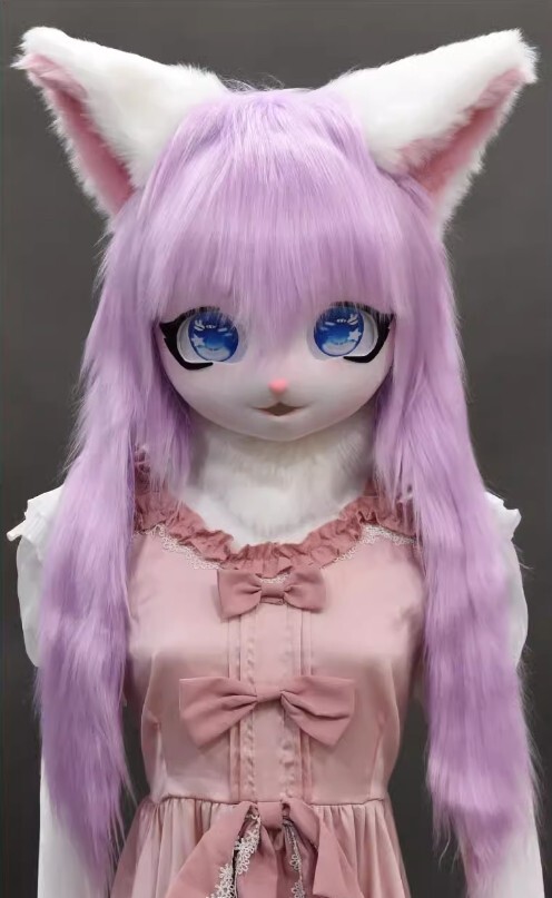 着ぐるみヘッド 猫 紫と白 全頭ヘッド ケモノ マスク ファースーツ ぬいぐるみ コスプレ コスチューム