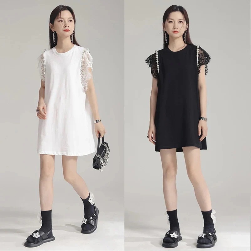 【J.Fashion】 ロンT今週の割引は 25% オフです レース袖 夏 ショートワンピース風 チュニック ロングTシャツ レディース ロングブラウス 夏ワンピ 個性的なデザイン 関連商品は店で購入
