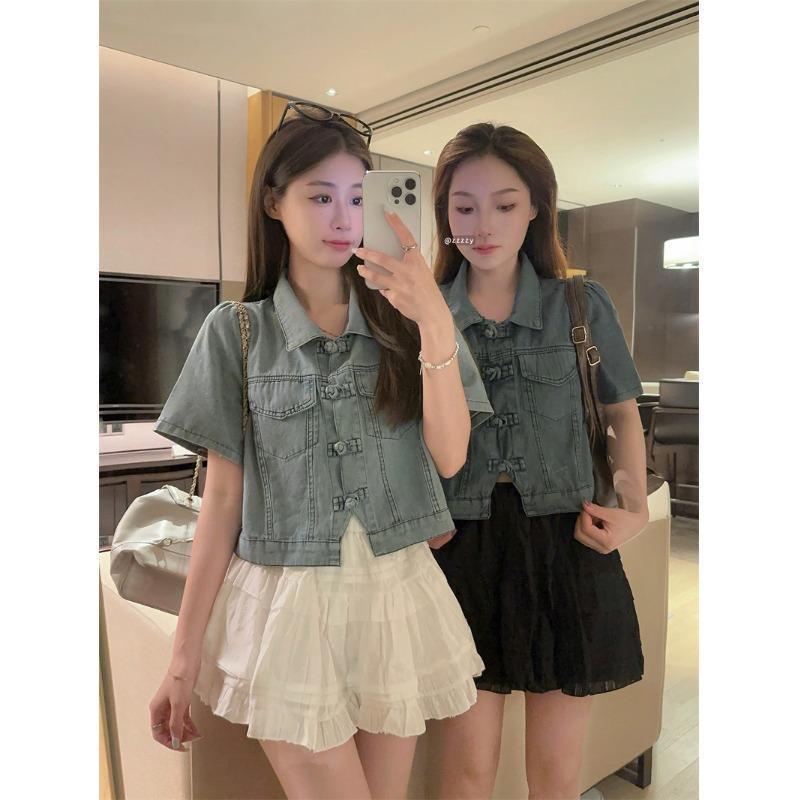 ラッフルミニ セットアップ レディース カジュアル 夏 スカート おしゃれ 女性 ニッチ プレートボタン 半袖 パンツ トップス ケーキ フリル