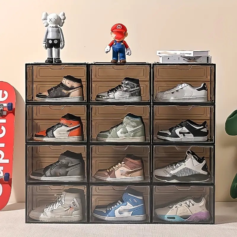 6個パックの透明プラスチック製シューズオーガナイザーマグネット式開閉防水長方形スニーカー収納ボックス積み重ね可能な靴ディスプレイケースクローゼット用多目的オープンフロントドアデザイン - ブ