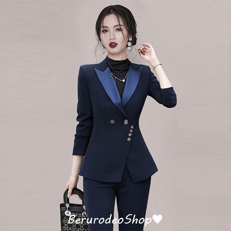 パンツスーツ レディース ネイビー 大きいサイズ フォーマルスーツ 事務服 スーツ 30代 40代 春 秋 テーラードジャケット パンツ お洒落 S M L XL