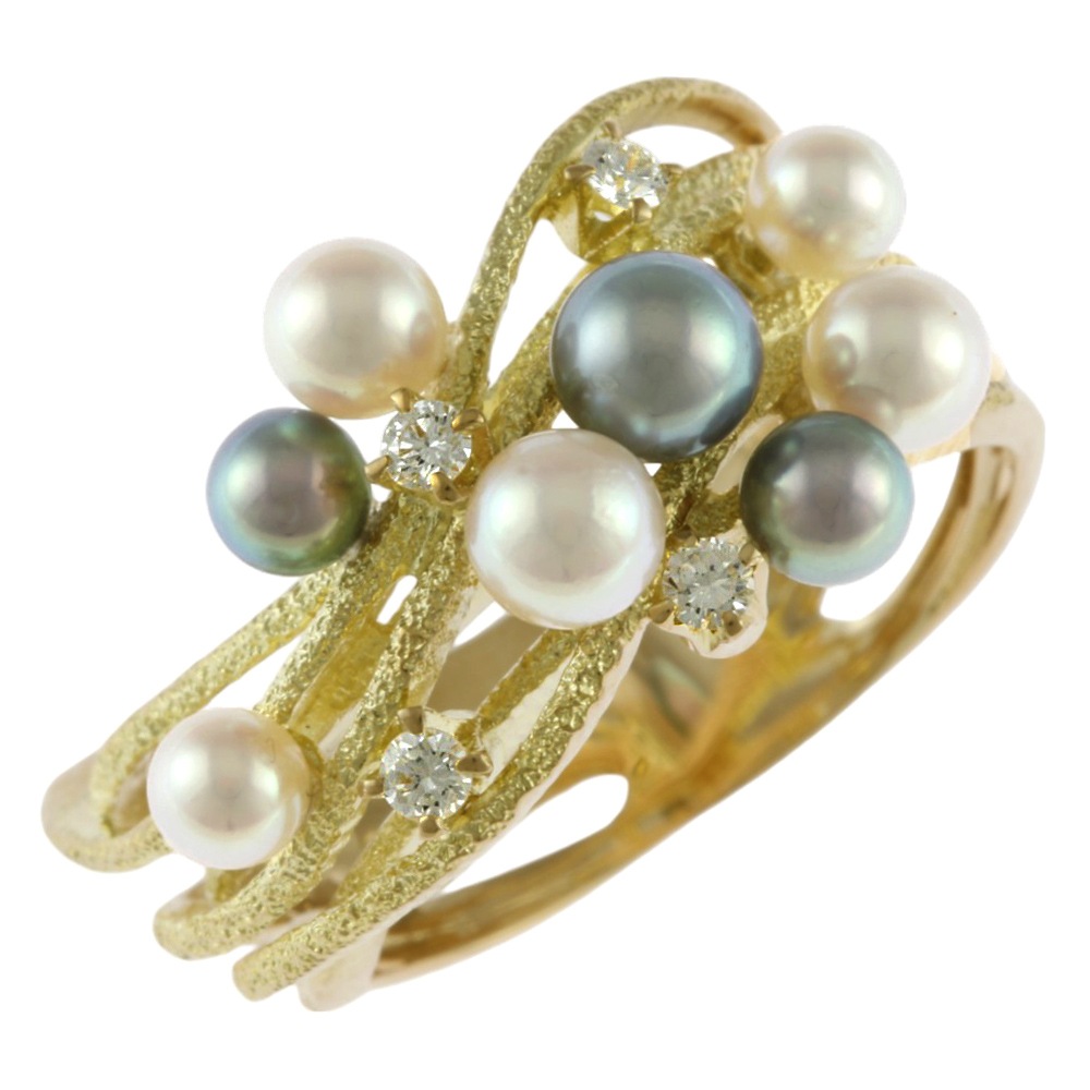 透かし リング 指輪 14.5号 18金 K18イエローゴールド アコヤパール ダイヤモンド 0.11ct 中古 美品