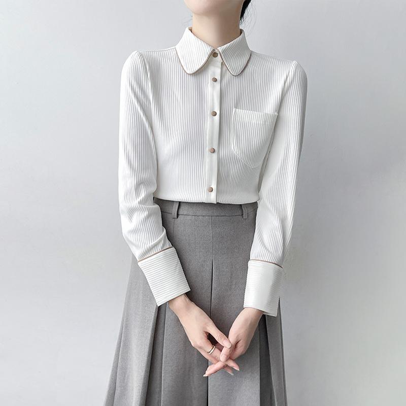 ブラウス 通勤 リクルート 白 シャツ レディース 秋冬 コーデュロイ トップス オフィス ビジネス シンプル オフィスカジュアル