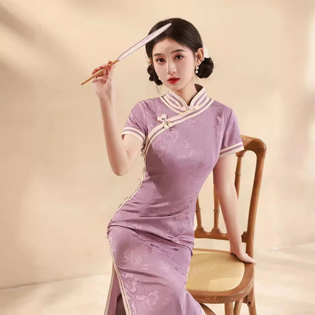 2024春夏改良チャイナドレスパープルデイリースリムロングスタイルヤングスタイルレトロパープル気質