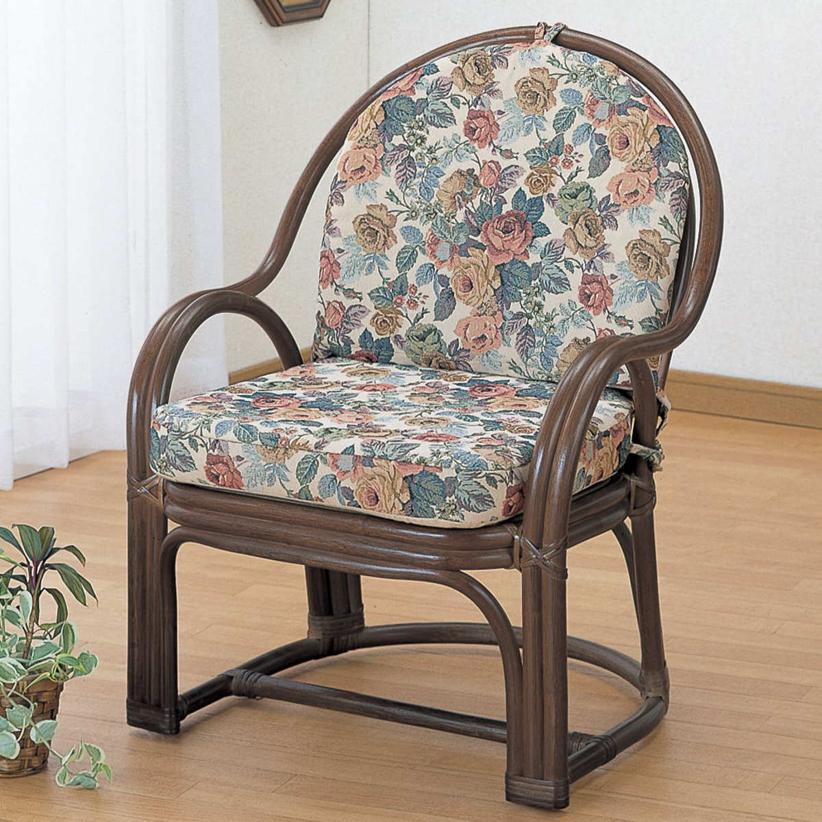 籐 アームチェア ジャガードクッション 座面高35cm 椅子 ラタンチェア ラタン製 パーソナルチェア 籐製座椅子 チェア リビングチェア 和モダン 和 アジアン 肘掛け付き クッション